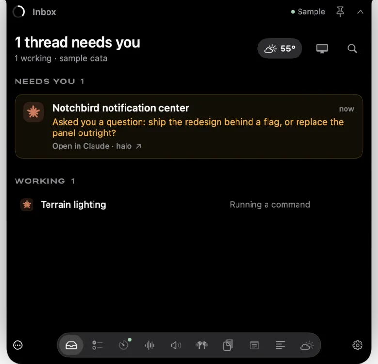 Notchbird's Inbox, grouping sessions into Needs you and Working.
